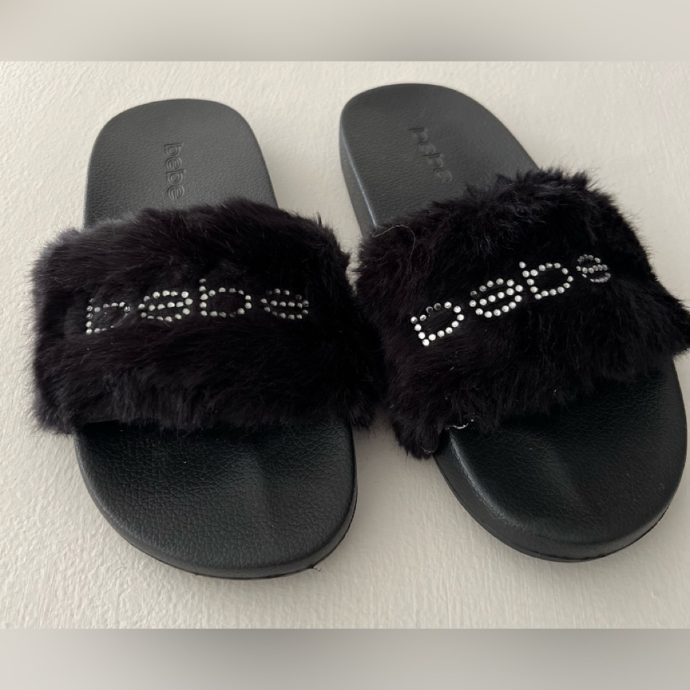 bebe Black Furry Slippers